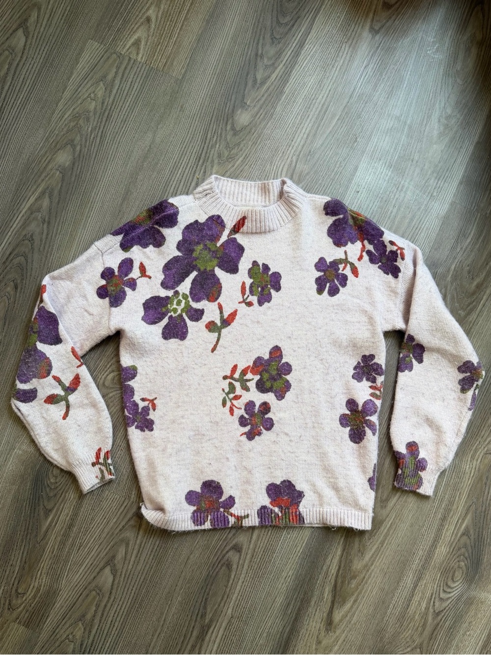 LOFT Cream Crewneck Sweater with Purple Floral Print